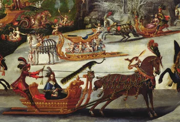 Wasser, Detail eines auf einem Schlitten sitzenden Pfaus, ca. 1640-41 (Detail von 387338)